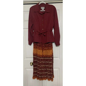 Vintage Stonebridge Mixed-Media Maxi Dress Attached Blazer Pleats Fall Colors 14